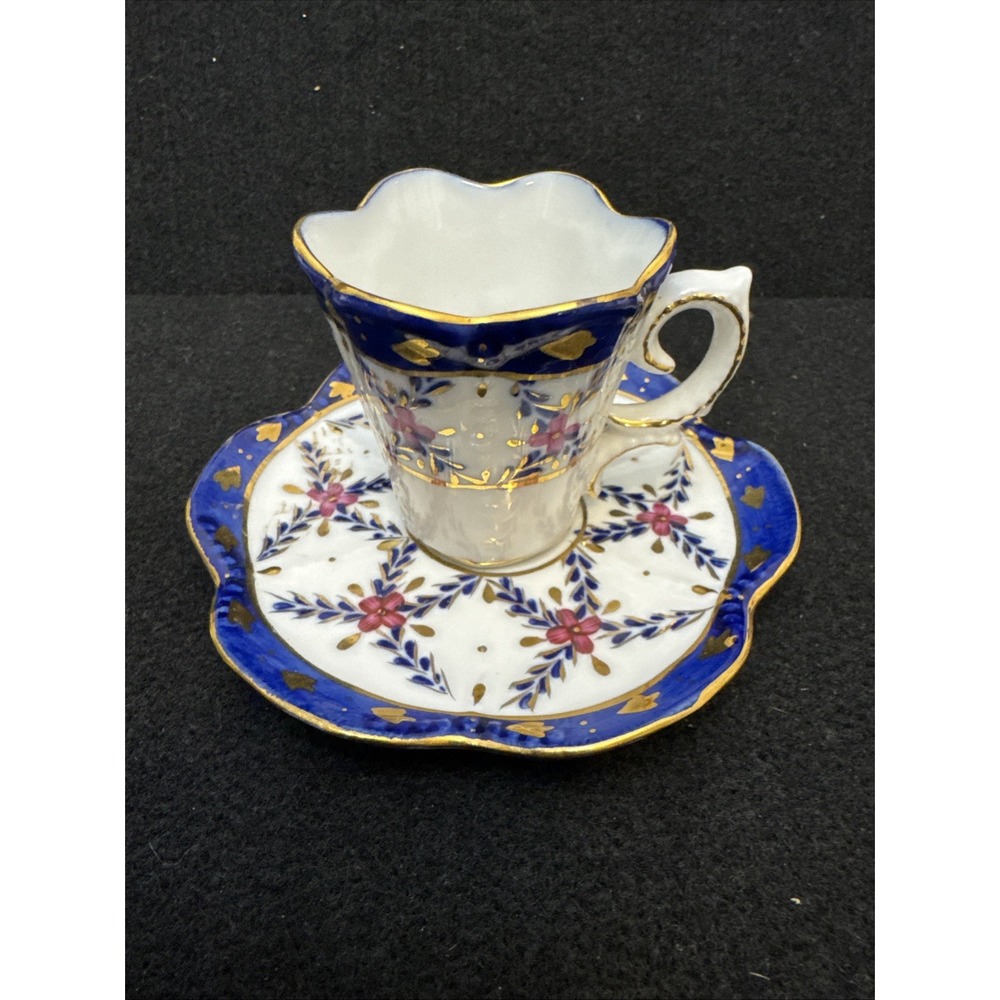 Vintage Limoges Miniature Tea Cup Saucer Cobalt Blue Gold Floral Hand Painted